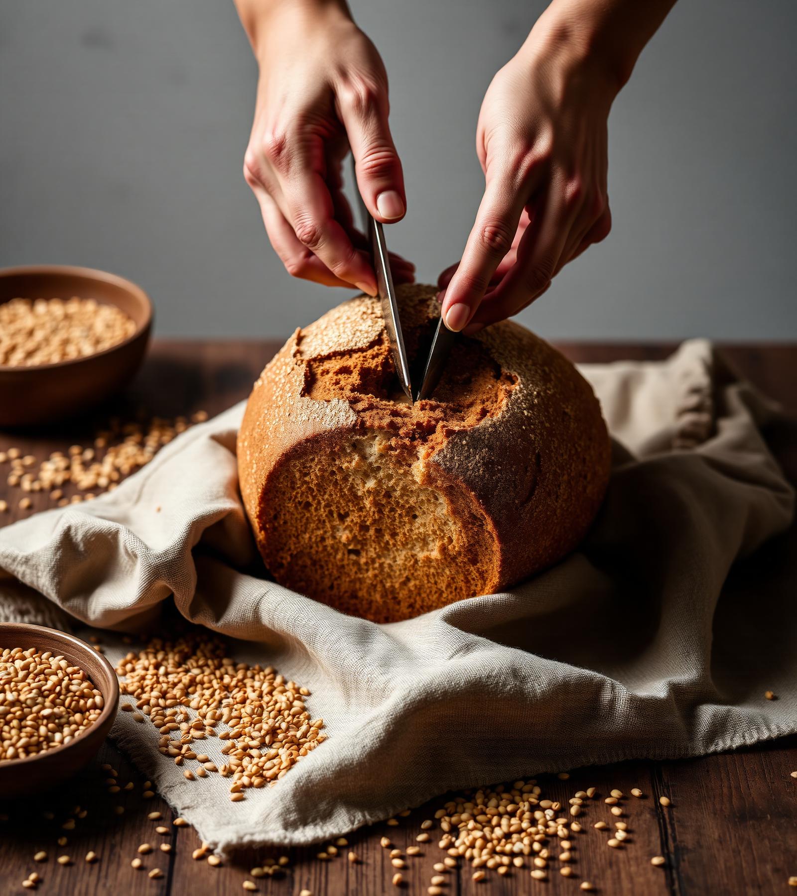Hands breaking a warm millet loaf